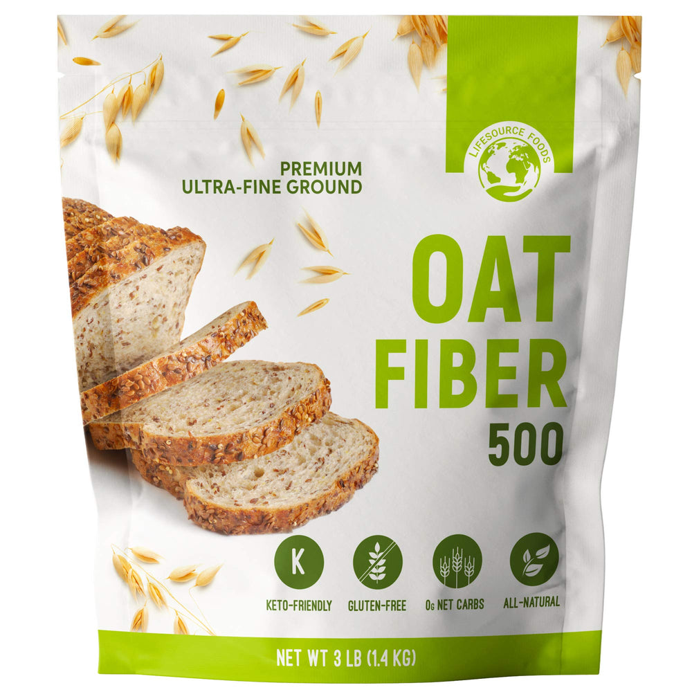 LifeSource Foods Oat Fiber 500 bag front view, gluten-free, zero-carb baking support.