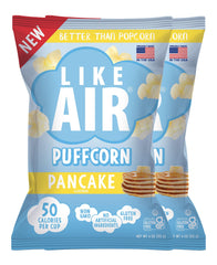 Like Air Puffcorn Pancake bag close-up reveals light, melt-in-your-mouth texture.