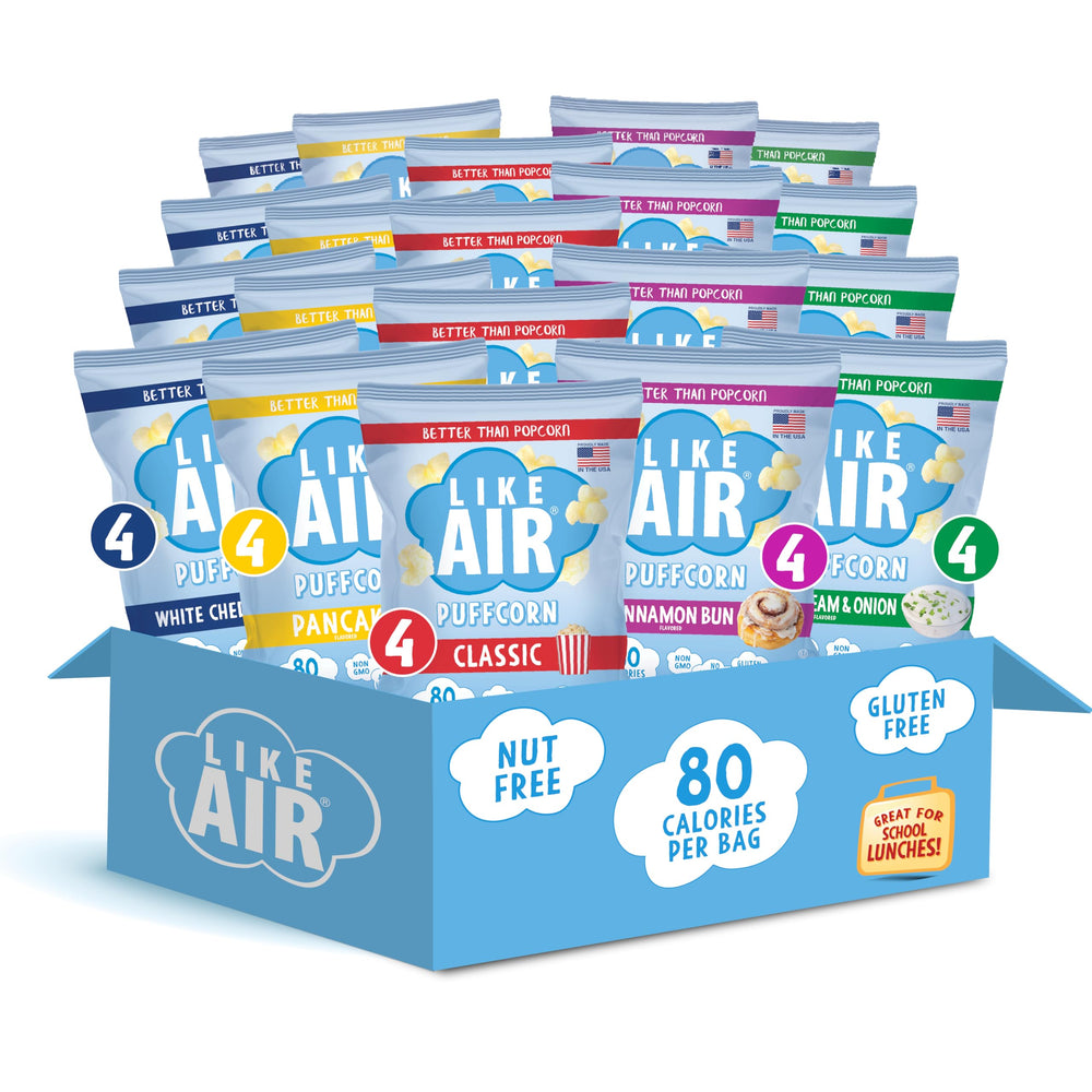 Like Air Puffcorn White Cheddar pack shown for gluten-free snacking on the go.