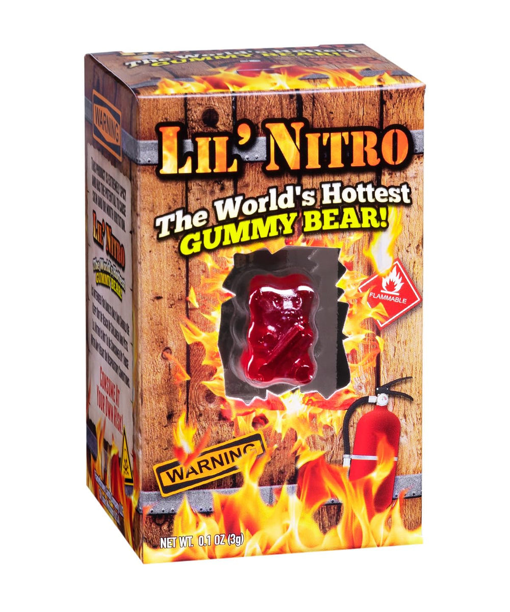 Lil' Nitro bear closeup shows intense heat for daring snackers.