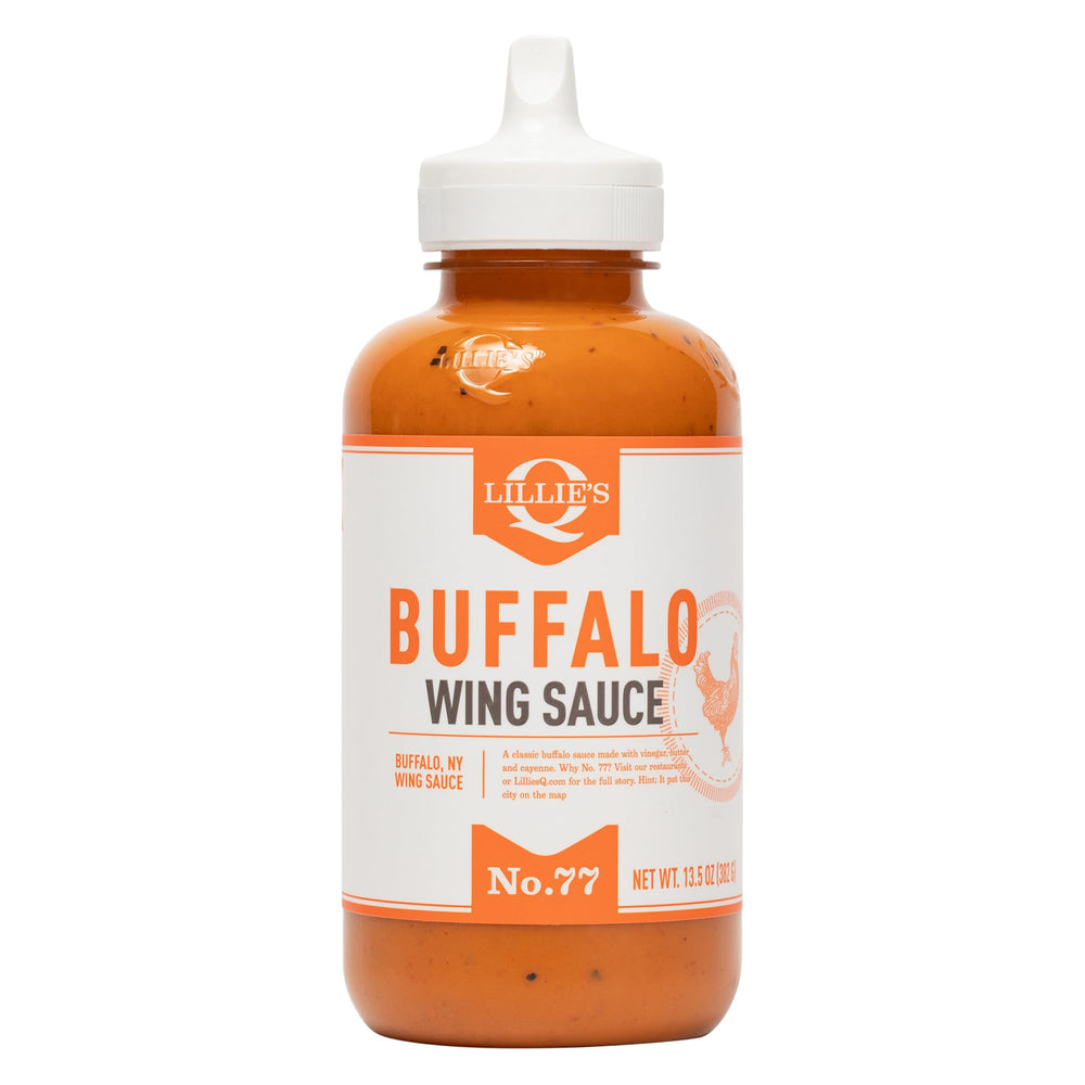 Lillie's Q Buffalo Wing Sauce bottle front, ready to glaze crispy wings