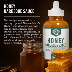 Lillie's Q Honey BBQ Sauce glaze on ribs illustrating smoky, tangy finish.