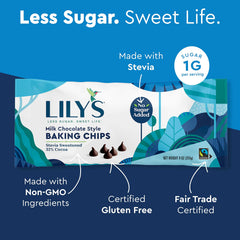 Holiday-ready chocolate chips from LILY'S suitable for Christmas, Easter, and Halloween bakes.