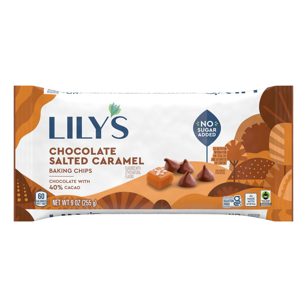 LILY'S Chocolate Salted Caramel chips 3-pack bags; gluten-free, no sugar added for baking.