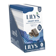 LILY'S Crispy Rice bar closeup shows crisp texture and rich chocolate finish for movie nights