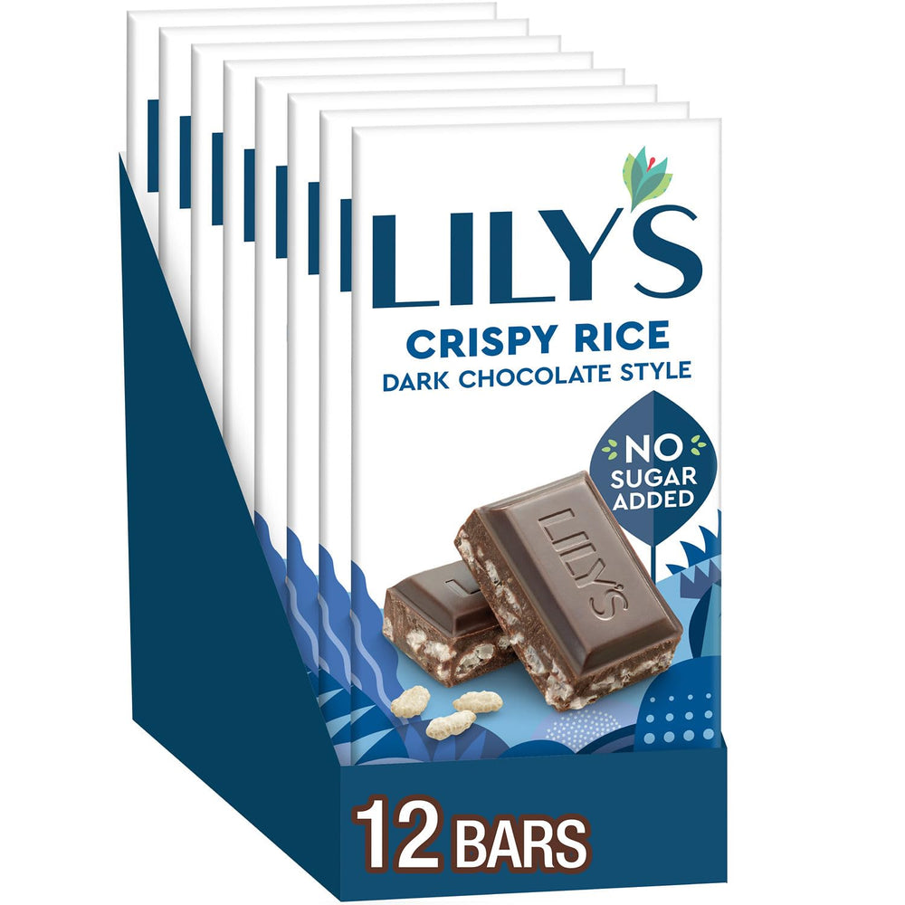 LILY'S Crispy Rice dark chocolate style bar pack shot with twelve bars and no added sugar