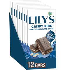 LILY'S Crispy Rice dark chocolate style bar pack shot with twelve bars and no added sugar