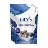 Lily's dark chocolate covered almonds close-up showing glossy coating and almond center for keto snacking.