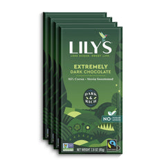 Lily's Extremely Dark 4-pack outer box, premium cacao for keto-friendly snacking.
