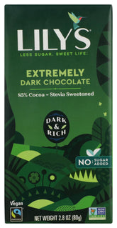 Lily's 85% cocoa chocolate packaging on display highlighting premium flavor