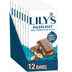 LILY'S Hazelnut Milk Chocolate Style bulk box with 12 no sugar added bars.