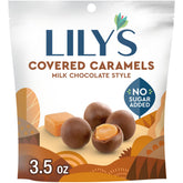 Lily's Milk Chocolate Style Covered Caramels bag ready for sharing during movie night or celebrations.