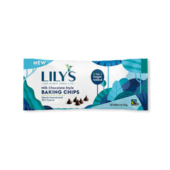 Closeup of LILY'S Milk Chocolate Style No Sugar Added chips showing glossy melt for desserts.