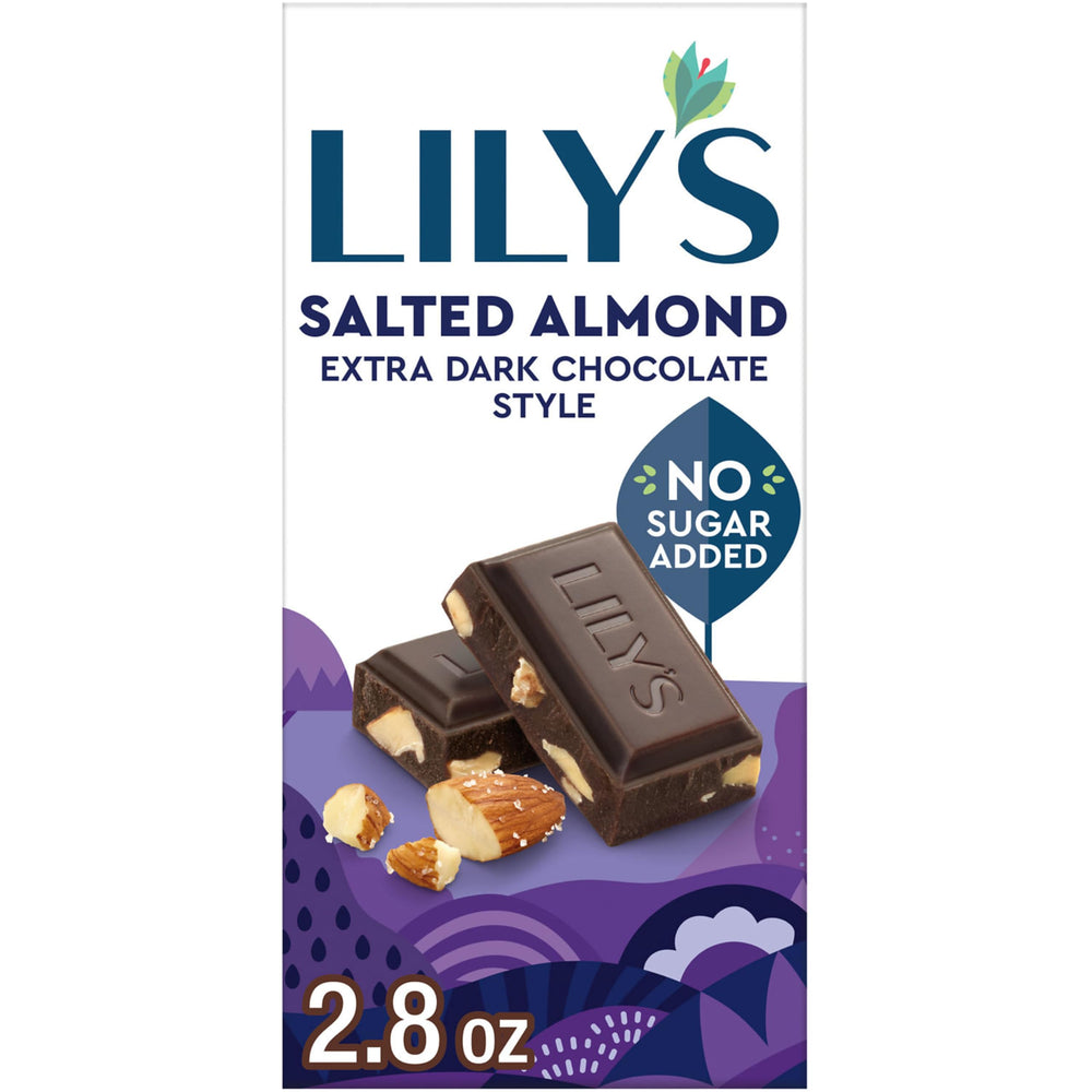 LILY'S Salted Almond Extra Dark Chocolate Style bar wrapped, showing rich texture and balance