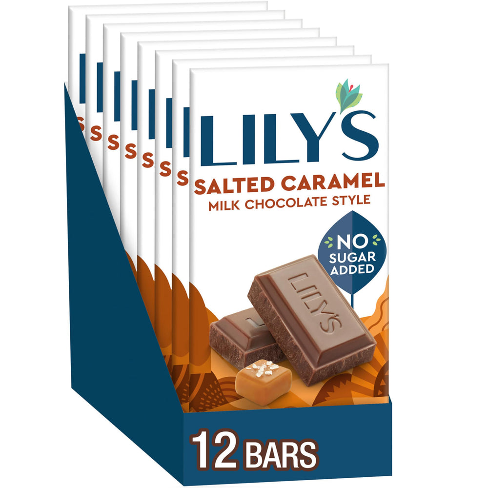 LILY'S Salted Caramel Milk Chocolate Style bars in a bulk box, no added sugar.