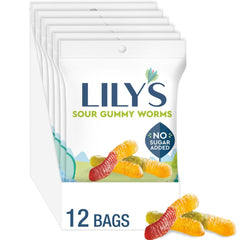 Lily's Sour Gummy Worms assorted fruit bags ready for snacking, gluten-free and no sugar added.