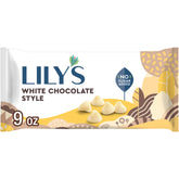 LILY'S White Chocolate Style chips bag front, no sugar added, ideal for gluten-free baking.