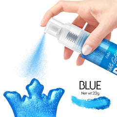 Limino edible glitter spray blue cocktail glass highlighting shimmering finish.