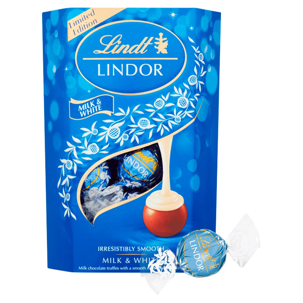 Lindt Lindor Milk & White Truffles 200g pack, smooth indulgence for sharing.
