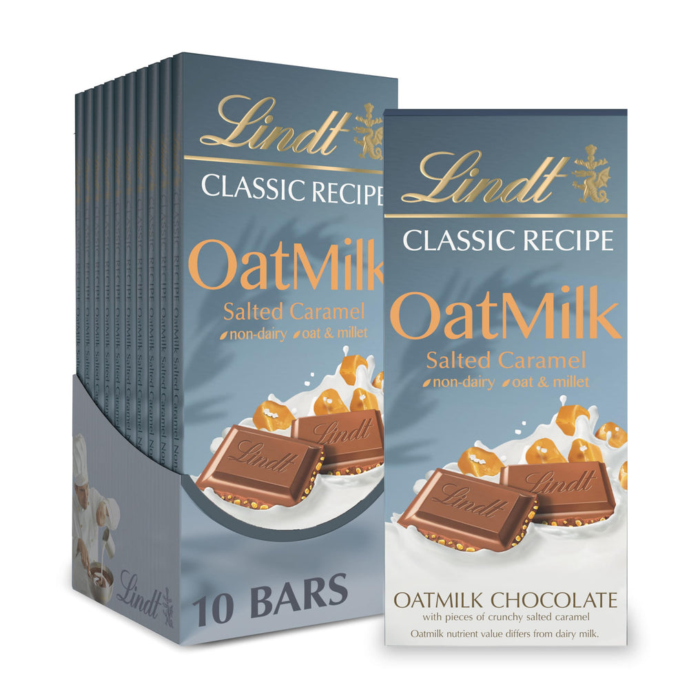 Lindt Classic OatMilk Salted Caramel Bar pack with creamy oat chocolate and salted caramel crunch