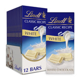 Lindt CLASSIC RECIPE White Chocolate Bar packaging highlights premium gift-ready presentation.