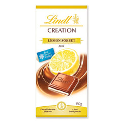 Lindt Creation Refreshing Lemon 150g bar with bright lemon zest for a zesty tasting experience.