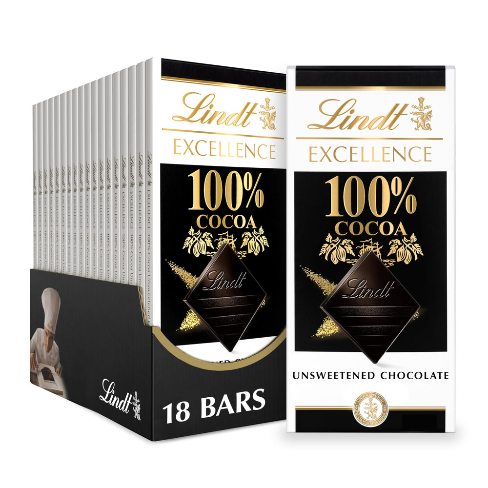 Lindt EXCELLENCE 100% Cocoa bar packaging highlighting premium dark chocolate for gifting.