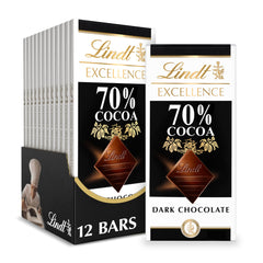 Lindt EXCELLENCE 70% Cocoa bar packaging shown, premium dark chocolate gift idea.