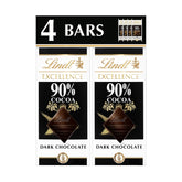 Lindt Excellence 90% dark chocolate bar four-pack showcasing premium cacao