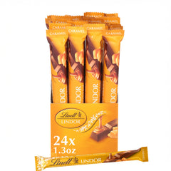 Lindt Lindor Caramel Bar front view shows smooth milk chocolate shell, ideal for gifting