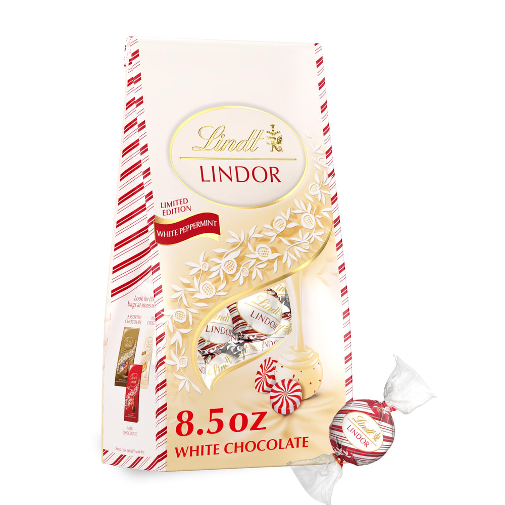 Lindt Lindor White Peppermint Truffles in a bag, ideal for sharing this season.