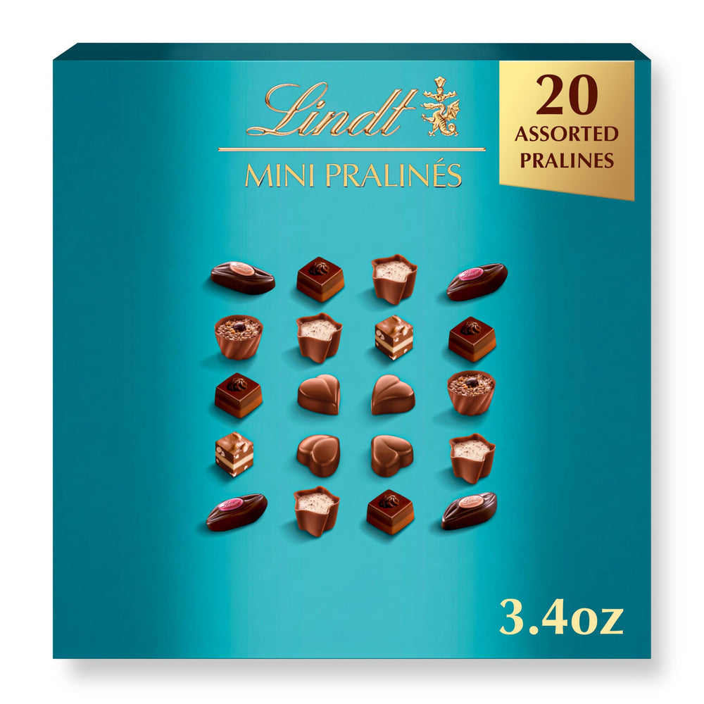 Lindt mini pralines box front with elegant packaging design.