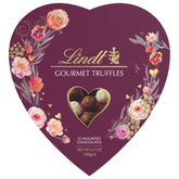 Lindt Valentine's Gourmet Truffles heart box front view shows premium indulgence for sharing