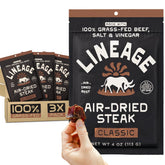 Lineage Provisions grass-fed air-dried steak pack front highlights a clean-label snack for busy days