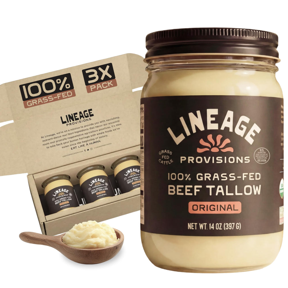 Lineage Provisions beef tallow jars in a 3-pack, ideal for high-heat cooking.