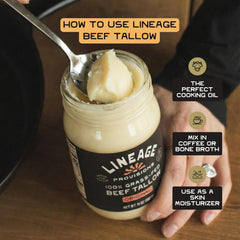Lineage Provisions nose-to-tail rendered tallow in a jar for stable high-heat cooking.