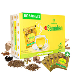LINK SAMAHAN Ayurvedic tea sachets in a cup for daily comfort and calm.