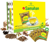 LINK SAMAHAN teabag close-up shows the 14-herb blend for daily wellness.