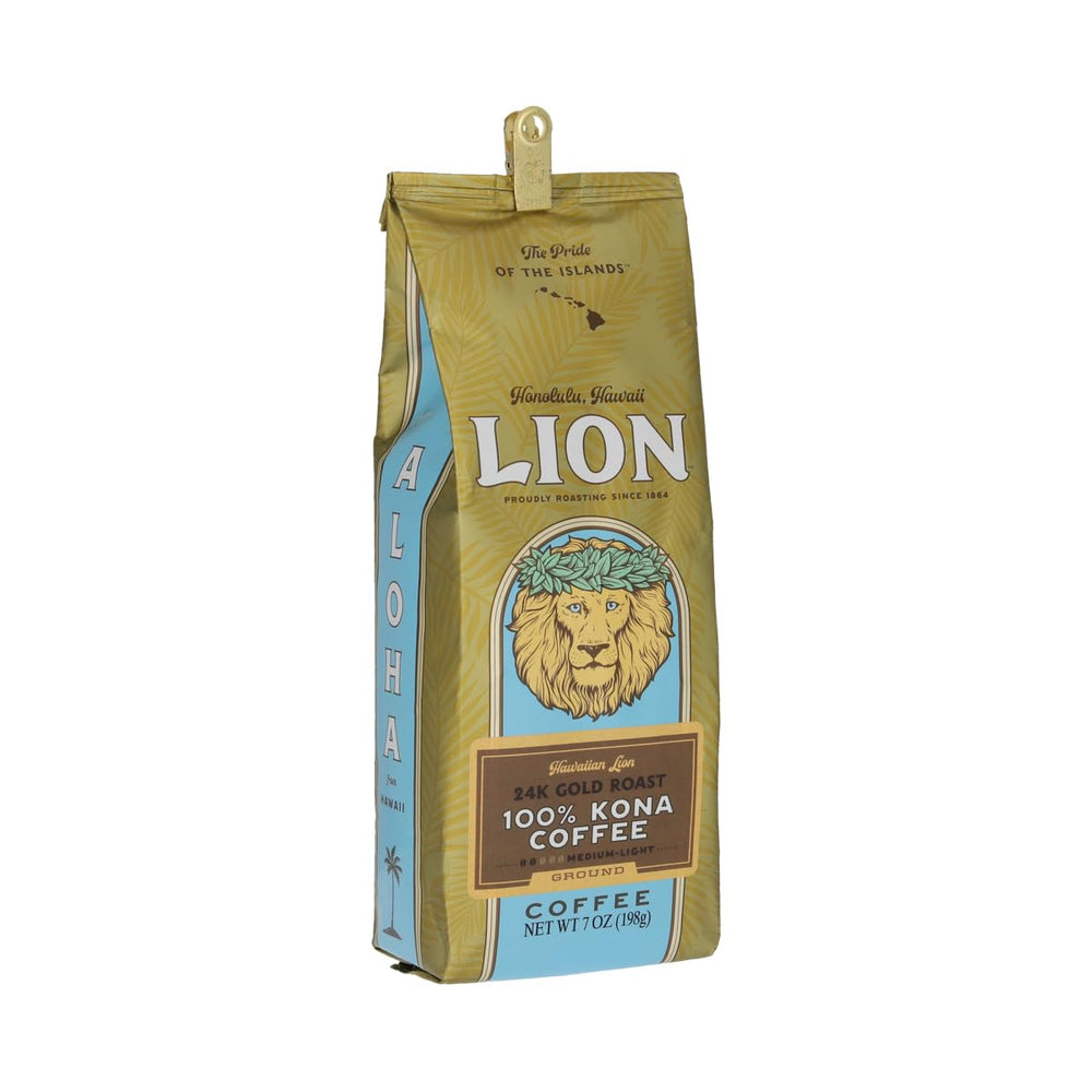 Lion Coffee 24K Gold Roast ground coffee bag highlighting premium Kona beans and bold aroma.