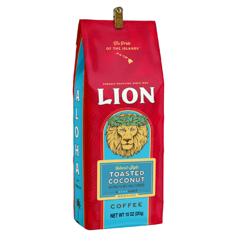 Lion Coffee front label showing toasted coconut flavor for everyday mornings