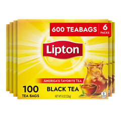 Lipton black tea bags 6-pack on shelf, convenient for daily hot or iced tea.
