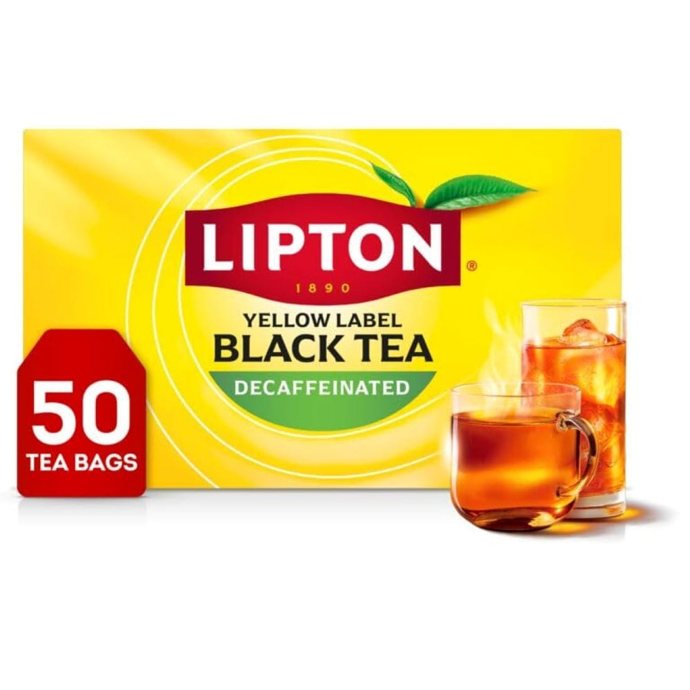 Lipton Decaf Black Tea Bags box for anytime tea with foil freshness.