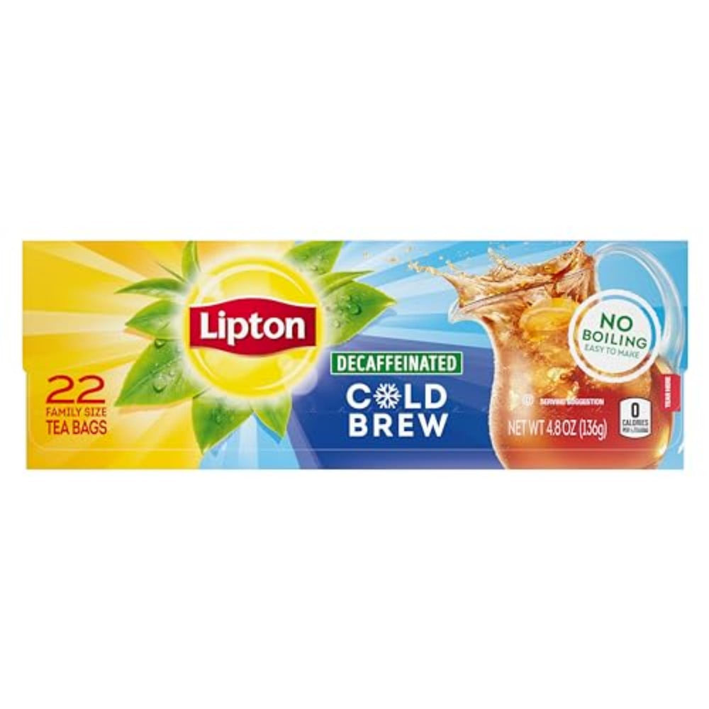 Lipton Decaf Cold Brew Tea Bags packaging for quick, zero-calorie iced tea.