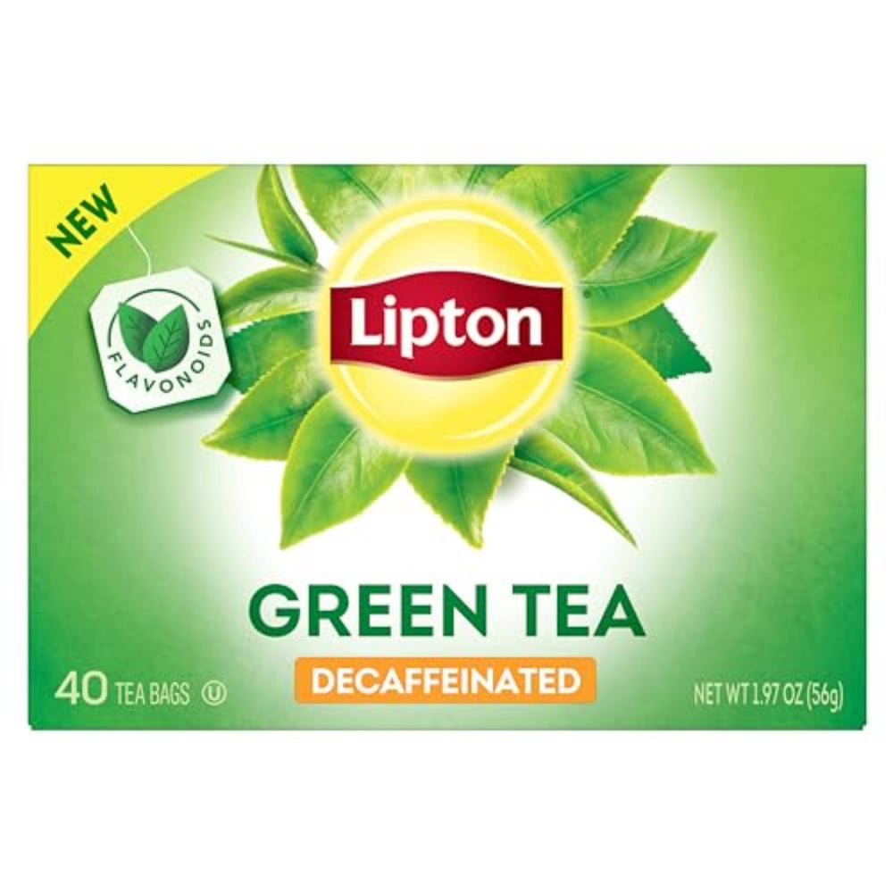 Lipton Decaffeinated Green Tea Bags pack shot, convenient daily decaf option.