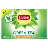 Lipton Decaffeinated Green Tea Bags pack shot, convenient daily decaf option.