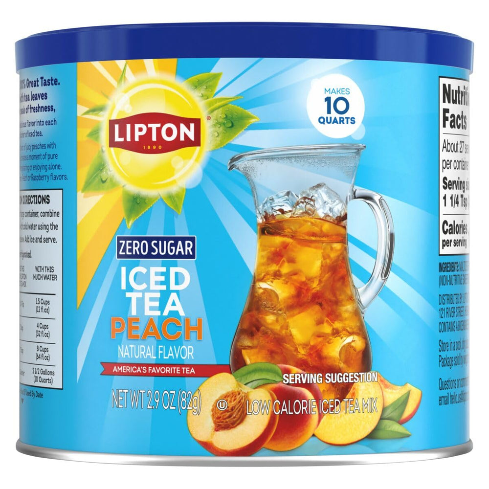 Lipton Diet Peach Iced Tea Mix canister highlighting zero sugar and bold peach flavor.