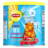 Lipton Diet Raspberry Iced Tea Mix packaging on a bright kitchen counter, convenient for quick refreshment.