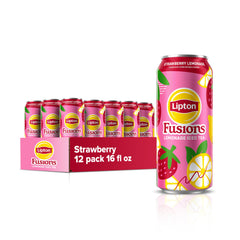 Lipton Fusions Strawberry Lemonade Iced Tea can with refreshing citrus notes for a sunny break