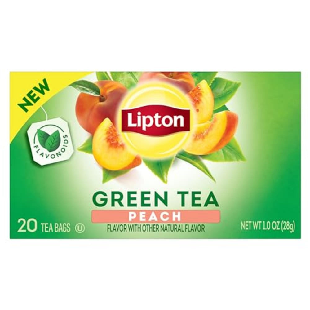 Lipton Peach Green Tea bags front view, inviting peach aroma and easy brewing appeal.