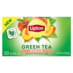 Lipton Peach Green Tea bags front view, inviting peach aroma and easy brewing appeal.